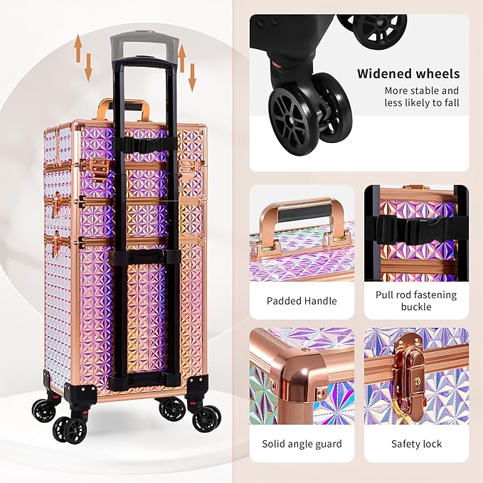 3 in 1 Rolling Makeup Train Case Professional Large Cosmetic Trolley Cosmetology Case on Wheels Traveling Cart Trunk for Hairstylist Artist Nail Beauty Salon Barber, Colorful