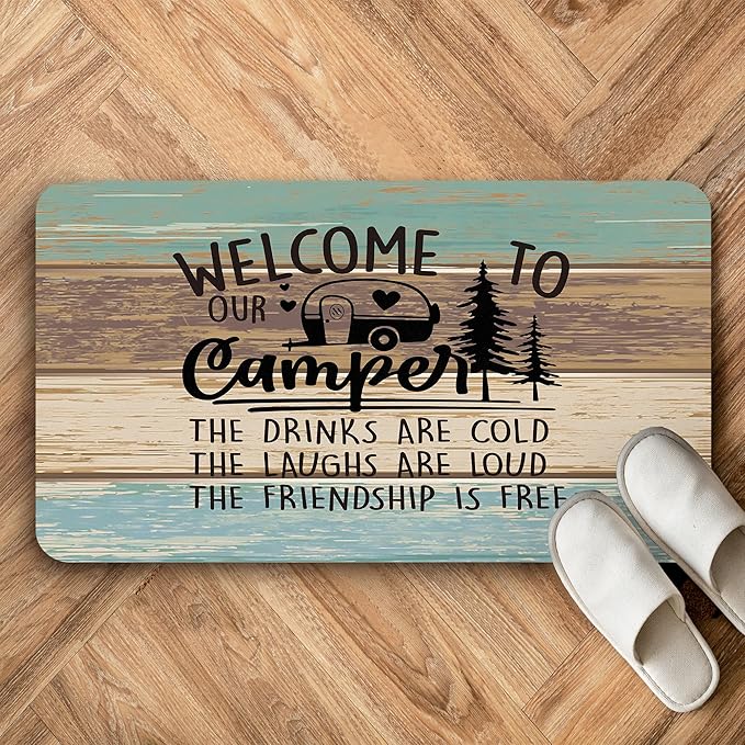Welcome to Our Camper Soft Diatom Mud Absorbent Bath Rug 17'x30',Reversible Throw Pillow Cover 18'x18',Set of 1 Pillow Cover 1 Doormat,Campsite RV Decor,Camper Gifts