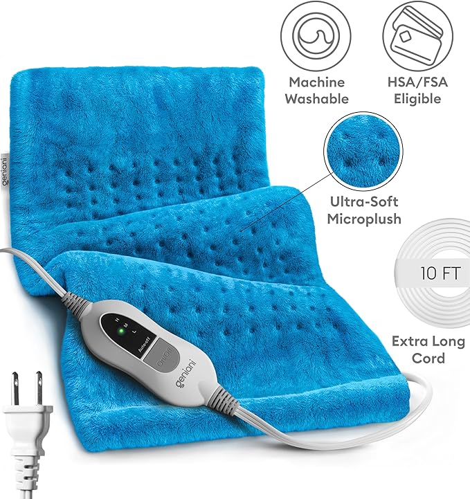 GENIANI Electric Heating Pad for Back Pain & Cramps Relief, Electric Throw, Auto Shut Off, Machine Washable, Moist Heat Pad for Neck & Shoulder - Mother’s Day Gifts (12×24", Aqua Blue)