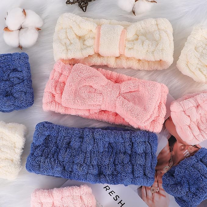 DiyJibb 9 Pcs Spa Headband for Washing Face,Skincare Headband and Wristband Set,Women Teen Girls Facial Hairbands for Washing Face, Makeup, Sports, Yoga (beige + dark pink + navy)