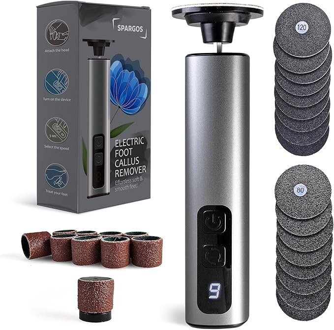 Spargos Electric Foot Callus Remover – Rechargeable Metal Foot File for Dead Skin & Cracked Heels – 9 Speed Professional Pedicure Tools with 60 Sanding Discs – Powerful Heel Scraper for Feet, Black