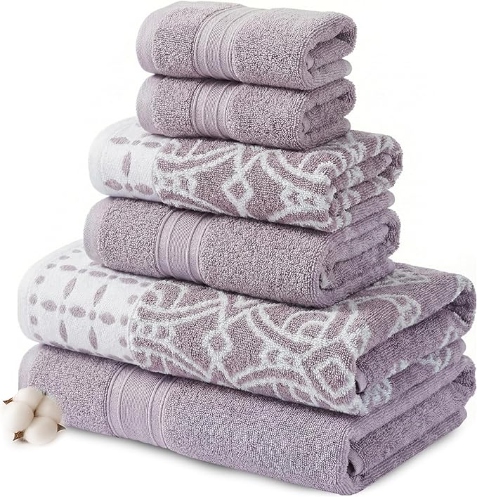 Modern Threads Monroe 6-Piece 100% Cotton Towel Set – Reversible Yarn Dyed Jacquard & Solid – Includes 2 Bath Towels, 2 Hand Towels, 2 Washcloths – Absorbent, Quick Dry, Soft & Durable – Orchid