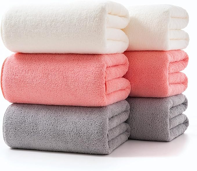 Lumimi Towels 6 Piece Multicolour Soft Microfiber Bath Towel Set Incredibly Absorbent Lightweight Quick Dry and Durable, 55" L x 27" W, 6 Pack Pink Red White Light Grey