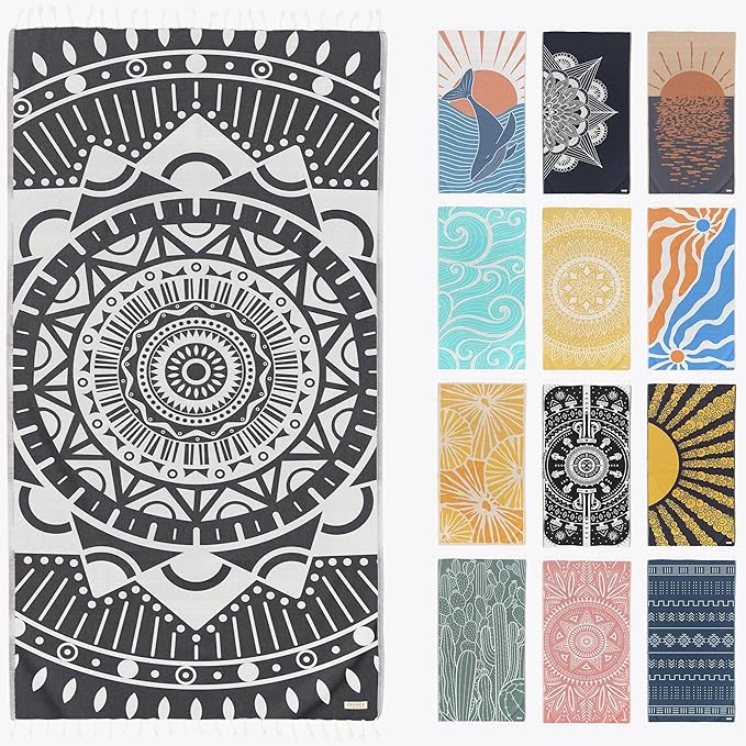 FESHKA Sand Free Turkish Beach Towel (37 x 67) Quick Dry Bath Towel, Oversized Beach Blanket, Lightweight for Travel - Made with 100% Organic Turkish Cotton - Wanderer (Black)