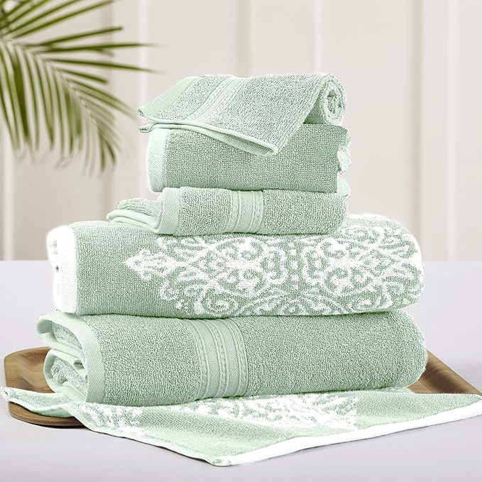 Modern Threads 6 Piece Reversible Yarn Dyed Jacquard Towel Set Artesia Damask Sage