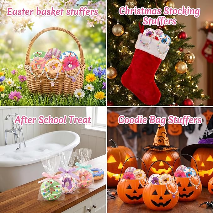 Donut Bath Bombs for Kids Girls, Natural and Safe Kids Bath Bombs with Bracelets Inside for Birthday, Calming and Long-Lasting Scent