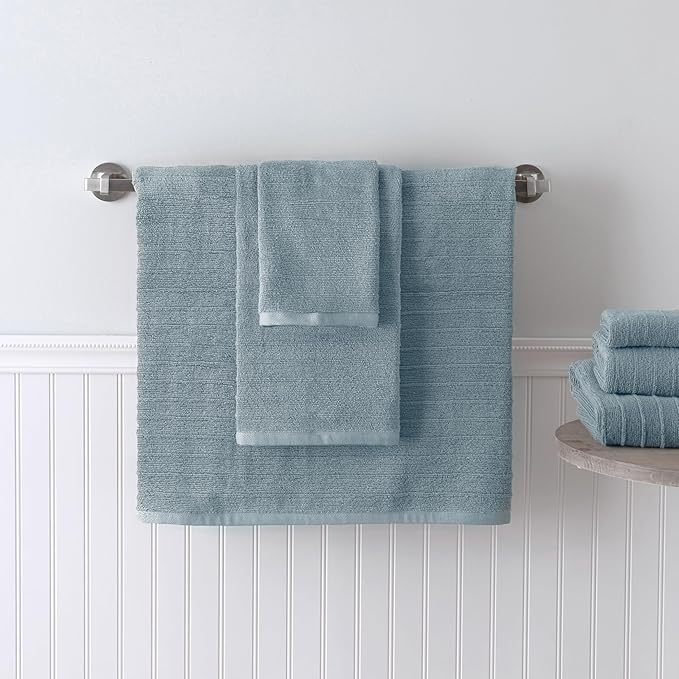 Welhome James 100% Cotton Textured Stripe Towel Set - 6 Piece Set of 2 Bath Towels, 2 Hand Towels, 2 Washcloths, Soft & Absorbent, Dusty Blue