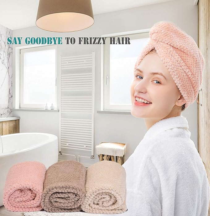 ELLEWIN Hair Towel Wrap 3 Pack, Microfiber Hair Drying Shower Turban with Buttons, Super Absorbent Quick Dry Hair Towels for Curly Long Thick Hair, Rapid Dry Head Towel Wrap for Women Anti Frizz