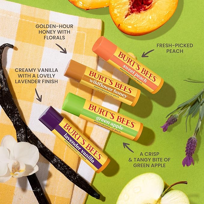 Burt's Bees 4 Pack Lavender Vanilla, Sweet Peach, Green Apple, Wildflower Honey; 24 Hour Moisture Moisturizing Lip Balm, 100% Natural Origin, Mother's Day Gift, 4 Tubes, 0.15 oz