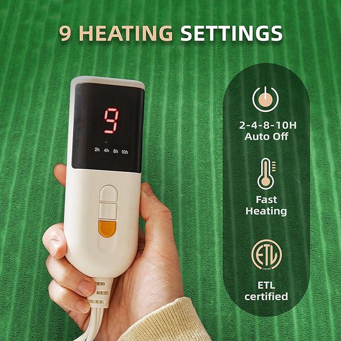 JET'S HOME Heated Blanket 50"x60" - ETL Certified Flannel Electric Blanket Throw Machine Washable Heating Throw with 9 Heating Levels 10 Hours Adjustable Auto-Off (Grove Green)