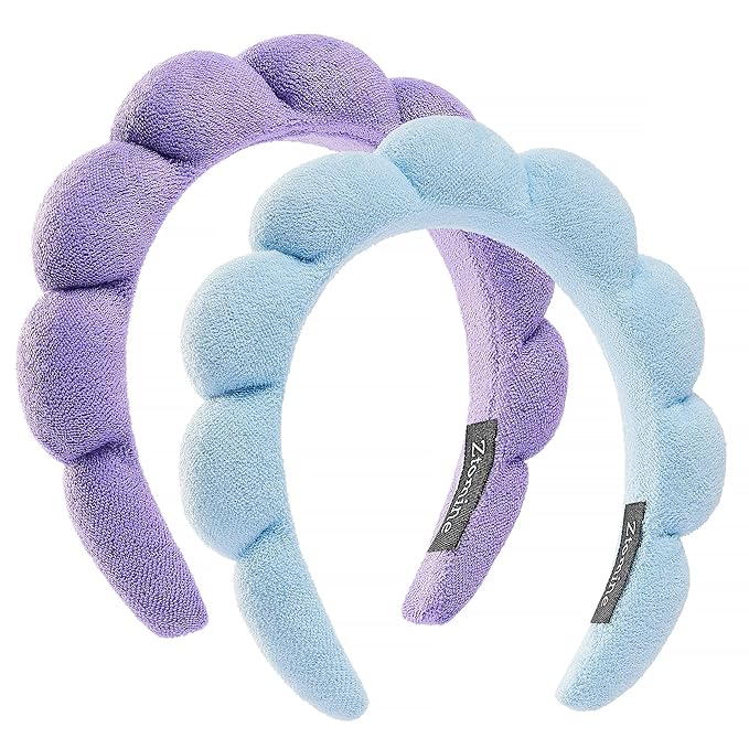 Ztomine Hairband, Set of 2 - Thick Absorbent Terry Cloth Spa Headbands in Blue and Light Purple for Washing Face or Facial, Puffy Makeup Headbands for Face Washing, Mask Combo Pack