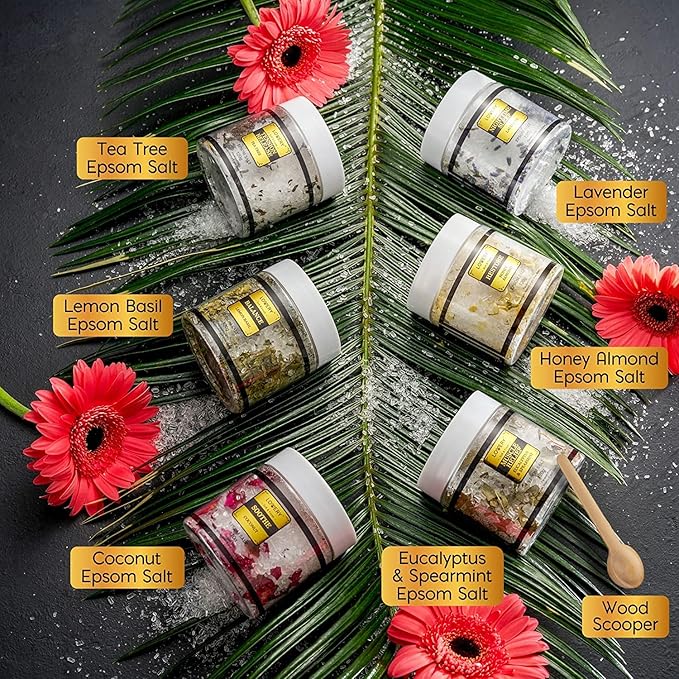 Mothers Day Gifts for Mom, Epsom Bath Salts Gift Basket Set, Self Care Salt with Essential Oil, Gifts for Women, Her, Mother, Lavender, Eucalyptus, Lemon, Coconut, Tea Tree, Honey Almond