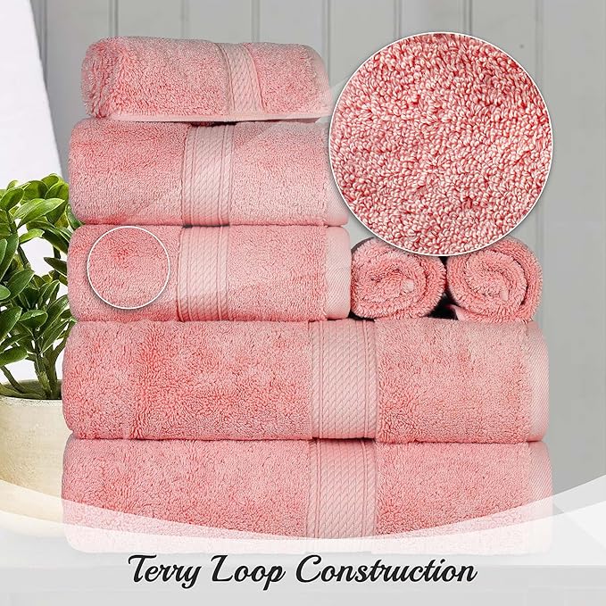 Superior Egyptian Cotton Pile 10 Piece Towel Set, Includes 2 Bath, 4 Hand, 4 Face Towels/ Washcloths, Ultra Soft Luxury Towels, Thick Plush Essentials, Guest Bath, Spa, Hotel Bathroom, Tea Rose
