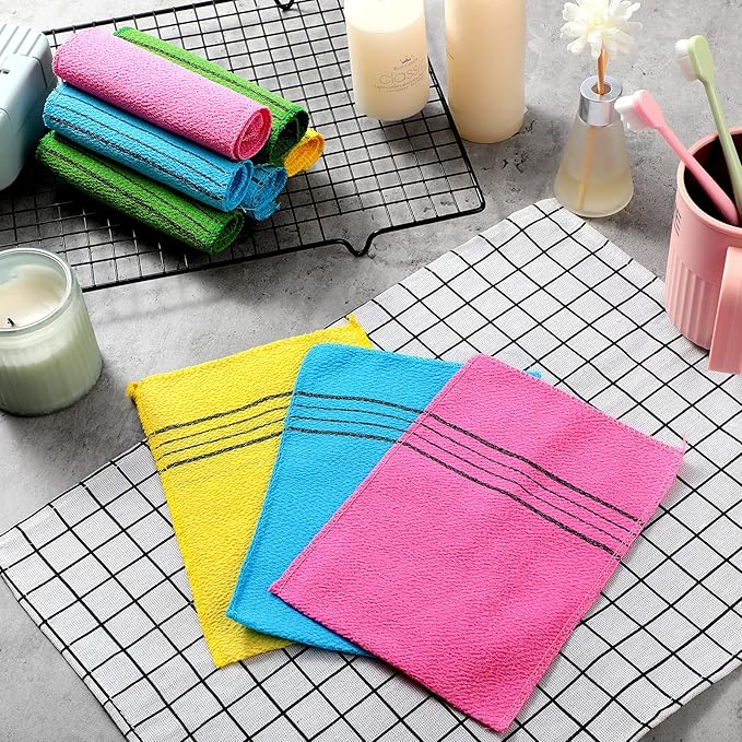 Tatuo 12 Pieces Korean Exfoliating Mitt Glove Italy Towel Body Skin Scrubber Exfoliating Scrubber for Remove Dead Skin Washcloth Korean(Small,Yellow, Green, Blue, Pink)