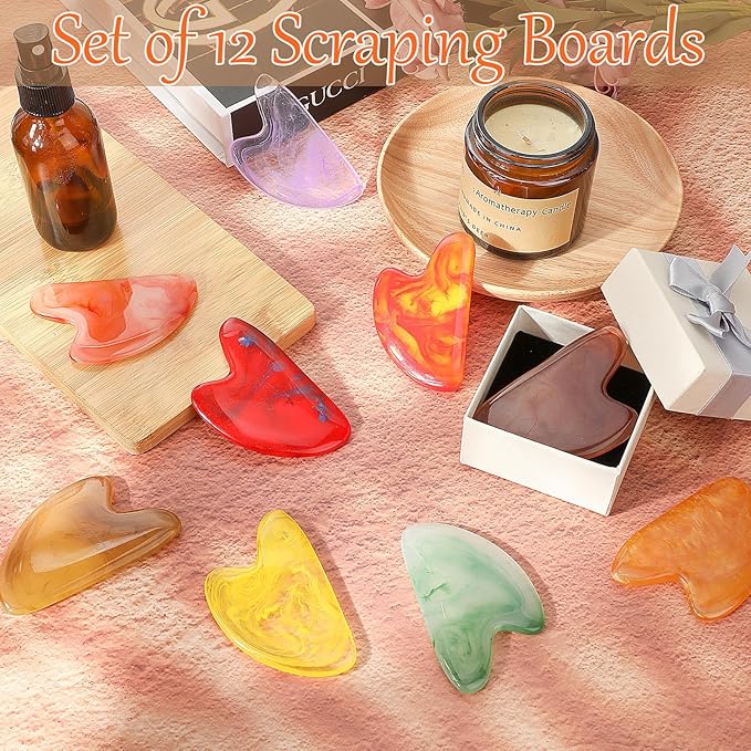 Sherr 12 Pcs Gua Sha Facial Tools Resin Heart Shaped Massage Guasha Tool for Face Guasha Board for Face Body Skin Massage Spa Acupuncture Prevent Wrinkles, 12 Colors(Retro Color)
