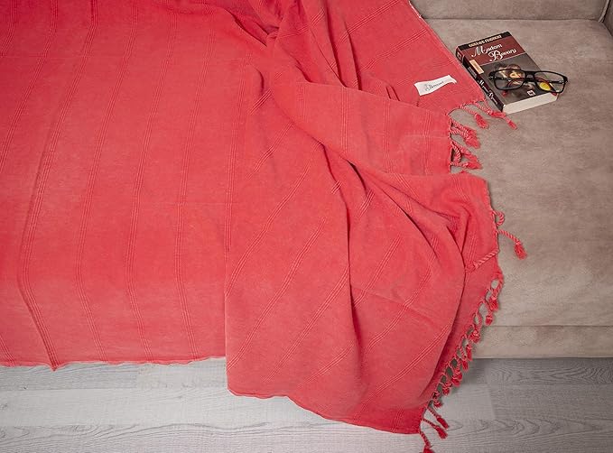 Bersuse 100% Cotton Troy XL Throw Blanket for Couch - 100% Cotton Lightweight Durable Throw Blanket, Big Blanket for Sensitive Skin, Decorative and Versatile - 59x81 Inches, Coral