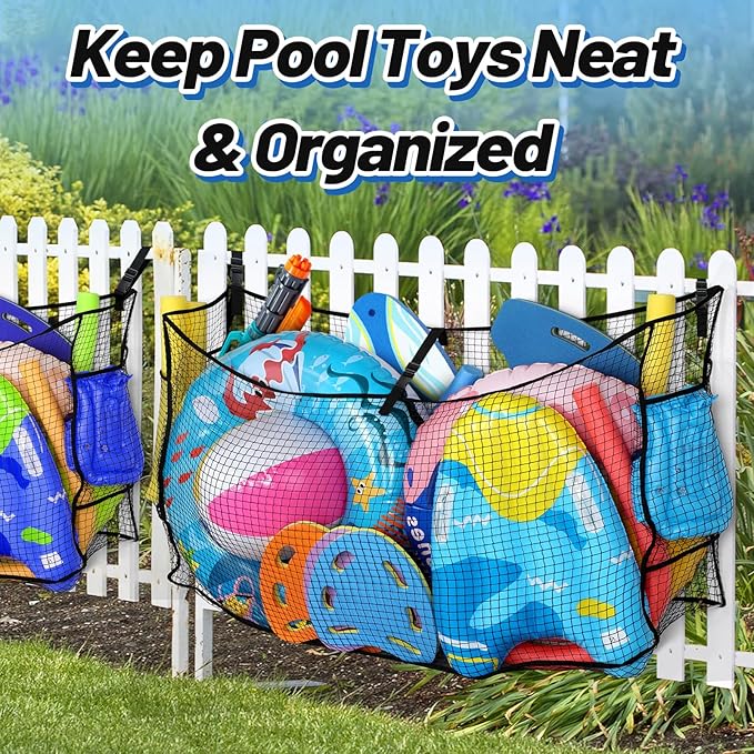 2Pcs Large Pool Float Toy Storage Net - 59x11.8x33.5in Durable Mesh Net Organizer for Fence with Straps, Poolside Fence Toys Holder for Inflatable Rafts Pool Noodles Balls Swimming Ring