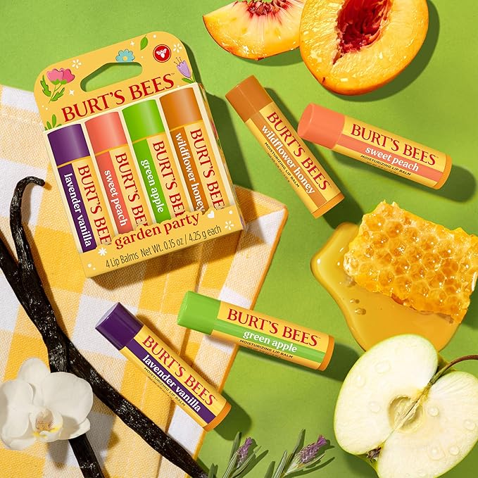 Burt's Bees 4 Pack Lavender Vanilla, Sweet Peach, Green Apple, Wildflower Honey; 24 Hour Moisture Moisturizing Lip Balm, 100% Natural Origin, Mother's Day Gift, 4 Tubes, 0.15 oz