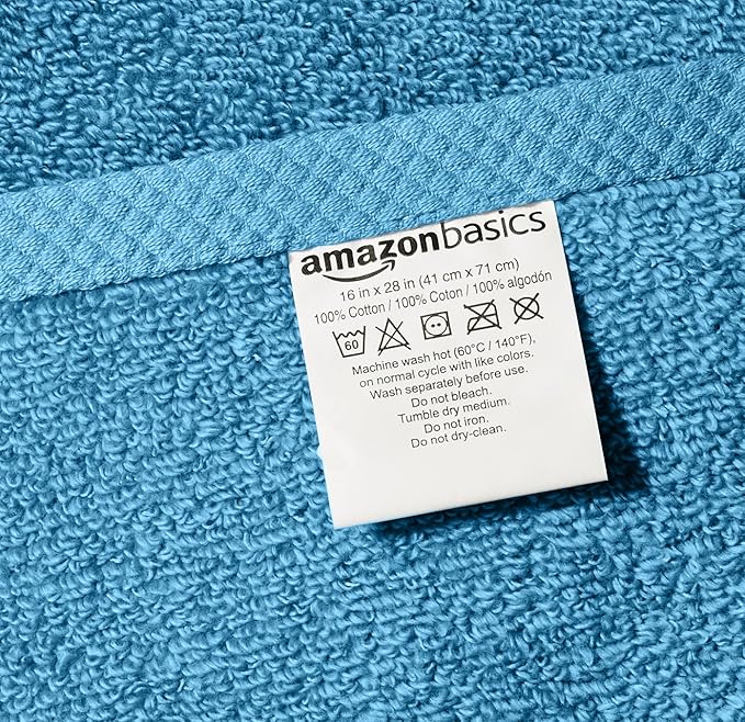 Amazon Basics 8-Pack Lightweight Quick-Dry Hand Towels, 100% Cotton, 28" x 16", Lake Blue