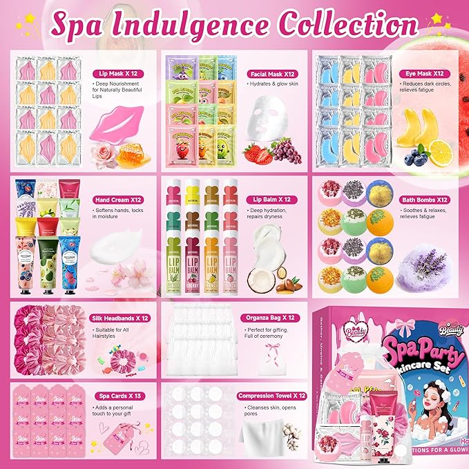 Spa Party Supplies for Women, 12 PCS Spa Party Favors Include Face Masks Skincare, Hand Cream, Lip Balm, Under Eye Patches, Lip Mask and Foot Bath Bombs for Birthday Sleepover Party