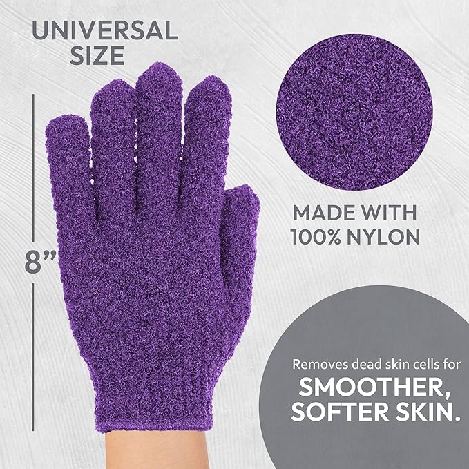 4 Pairs Exfoliating Gloves, 100% Nylon, Dual Texture Body Scrub for Spa, Massage & Dead Skin Removal, Multi-Color Shower Bath Accessories (Amethyst/Peony)