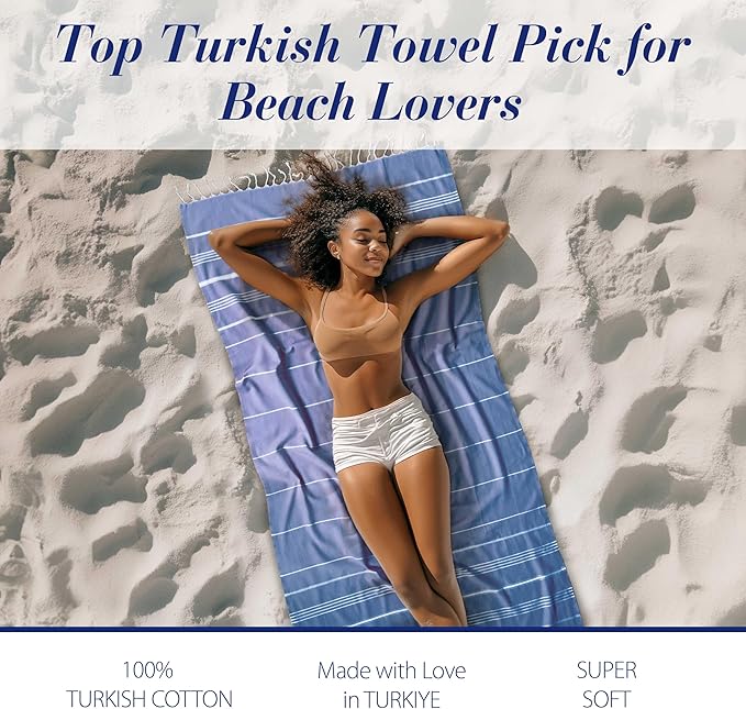 Cacala Lightweight and Thin Turkish Beach Towel 100% Cotton Sand-Free and Quick-Drying Goodness Perfect as an Extra Large Travel Towel, Beach Accessory, or Gift for Beach Lovers, 37 x 70