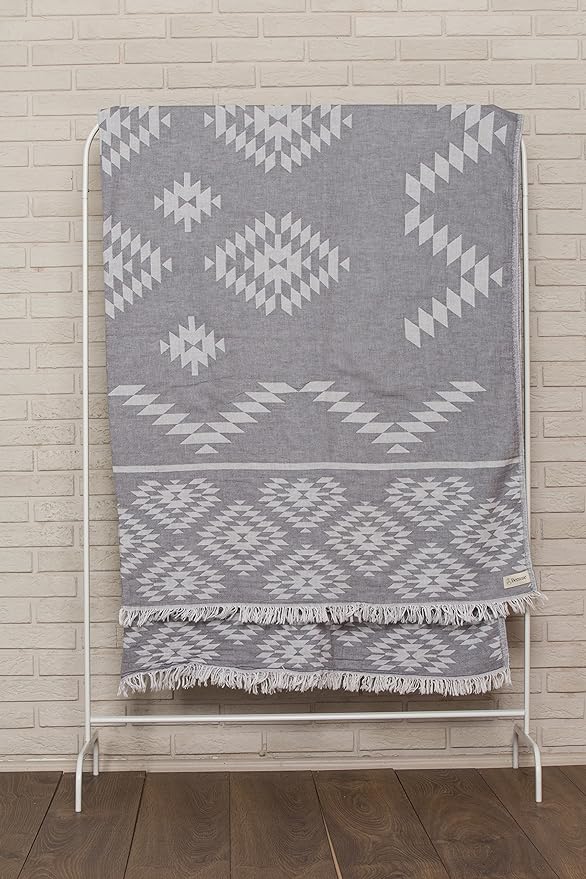Bersuse 100% Cotton Teotihuacan XL Throw Blanket Turkish Towel Beach Blanket - Beach Camping Essentials - 75x90 Inches, Silver Grey