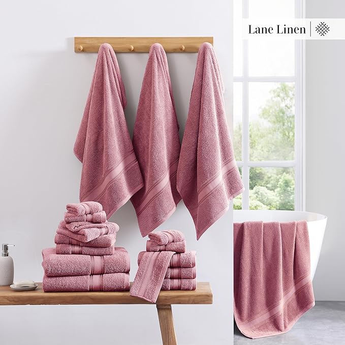 LANE LINEN Luxury Bath Towels Set - 3 Piece Set, 100% Cotton Bathroom Towels, Zero Twist, Quick Shower Towels, Absorbent Bath Towel, Soft, 1 Bath Towel, 1 Hand Towel, 1 Wash Cloths - Wishful Mauve
