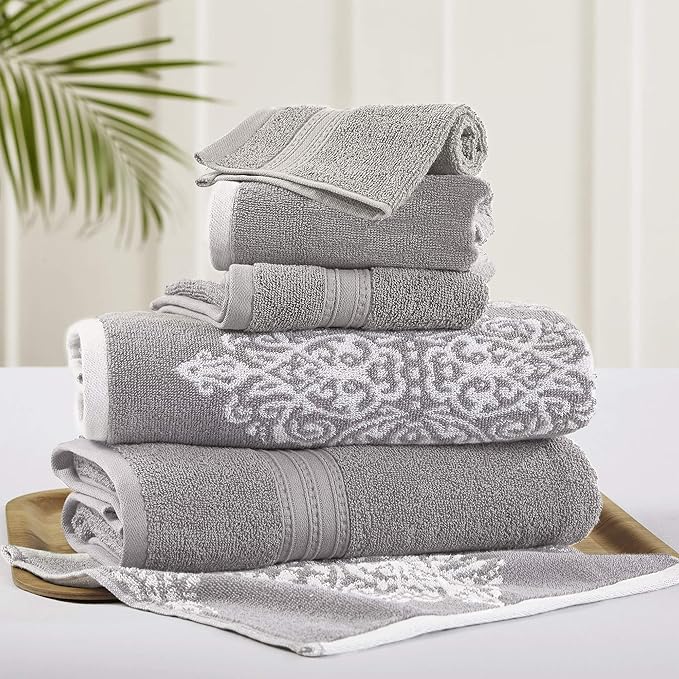 Modern Threads 6 Piece Reversible Yarn Dyed Jacquard Towel Set Artesia Damask Gray