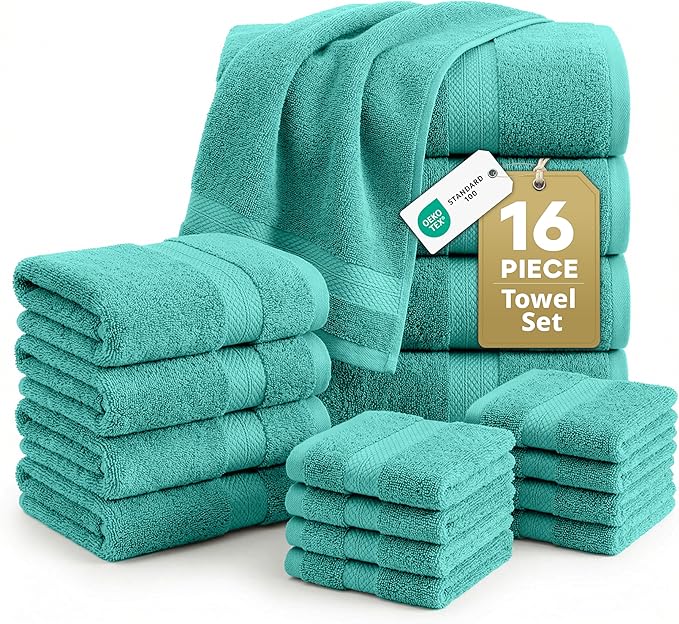 LANE LINEN 100% Cotton Bath Towel Set - 16 Pieces - Softer, Durable & Highly Absorbent - 4 Bath, 8 Wash cloths, 4 Hand Towels for Bathroom - Family Set, Premium Quality & OEKO-TEX Certified - Teal
