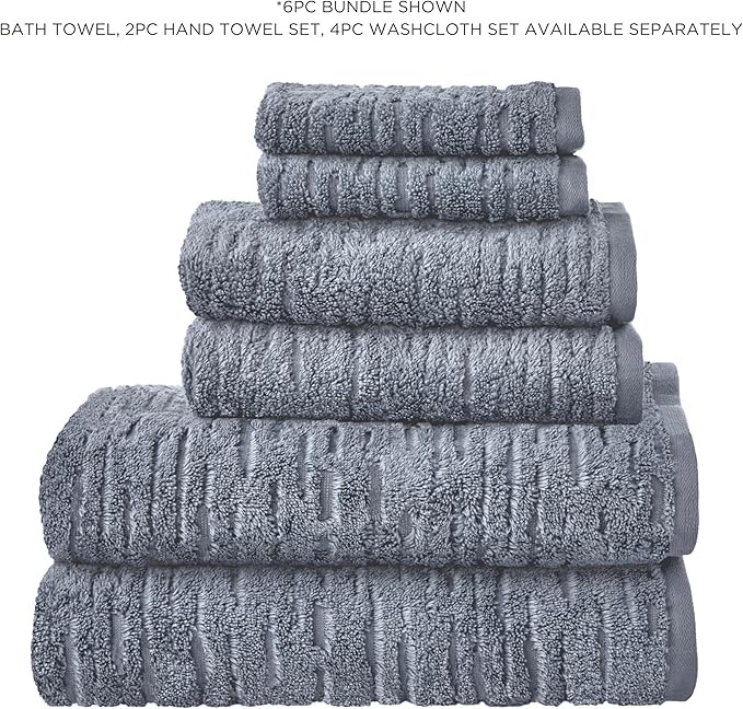 SKL Home CloudSoft 100% Cotton Luxury 6-Piece Towel Set, 600 GSM, Ultra Plush & Absorbent - 2 Bath Towels, 2 Hand Towels, 2 Washcloths, Smoke Blue