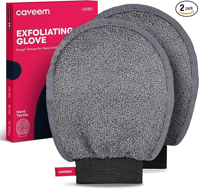 Caveem Exfoliating Mitt, Body Scrubber for Deep Exfoliation, Korean Scrub Mitt, Turkish Body Exfoliator for Remove Dead Skin, Gentle Lightweight Loofah Bath Glove for Shower (2 Pack)