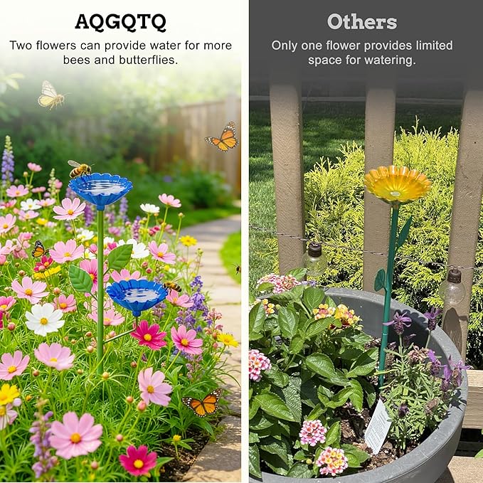Bee Watering Station for Garden 4 Pack, Metal Double-Flower Bee Bath Garden Stakes, Colorful Bee Cups Pollinator Feeder Outdoor Decor for Bees Butterflies, Yard Garden Decorations