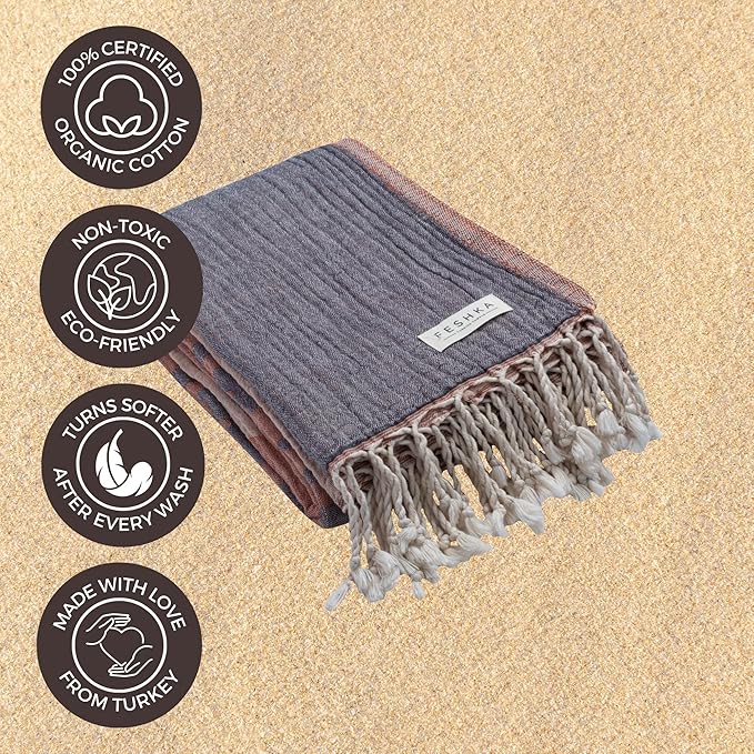 FESHKA Sand Free Turkish Beach Towel (37 x 67) Quick Dry Bath Towel, Oversized Beach Blanket, Lightweight for Travel - Made with 100% Organic Turkish Cotton - Sunset Lover (Rust/Dark Navy)