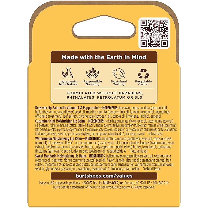 Burt's Bees Lip Balm - Original Beeswax, Cucumber Mint, Watermelon & Sweet Mandarin, With Responsibly Sourced Beeswax, Tint-Free, Natural Origin Treatment, 4 Tubes, 0.15 oz. (Pack of 12)