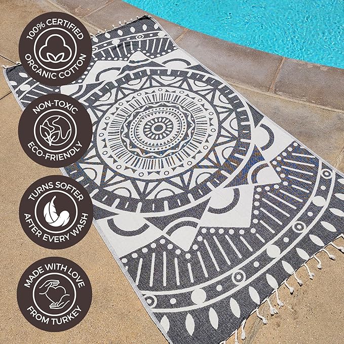 FESHKA Sand Free Turkish Beach Towel (37 x 67) Quick Dry Bath Towel, Oversized Beach Blanket, Lightweight for Travel - Made with 100% Organic Turkish Cotton - Wanderer (Black)