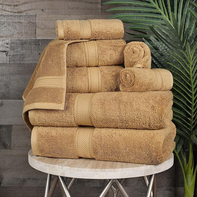 SUPERIOR Egyptian Cotton Pile 8 Piece Towel Set, Includes 2 Bath, 2 Hand, 4 Face Towels/Washcloths, Ultra Soft Luxury Towels, Thick Plush Essentials, Guest Bath, Spa, Hotel Bathroom, Toast