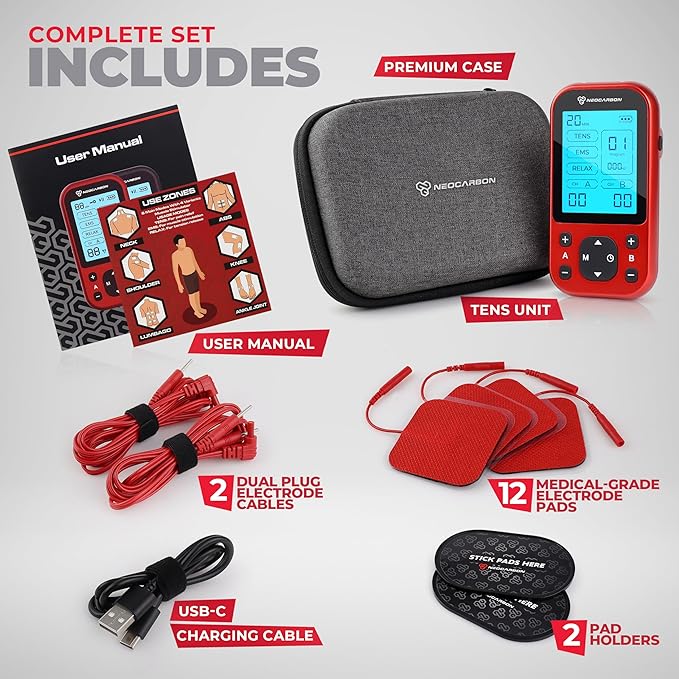 NEOCARBON TENS Unit Muscle Stimulator Pro for Back Pain Relief, Shoulder Recovery and Physical Therapy, Electronic EMS Massager Machine with PMS Pulse for Effective Shock Therapy, Red