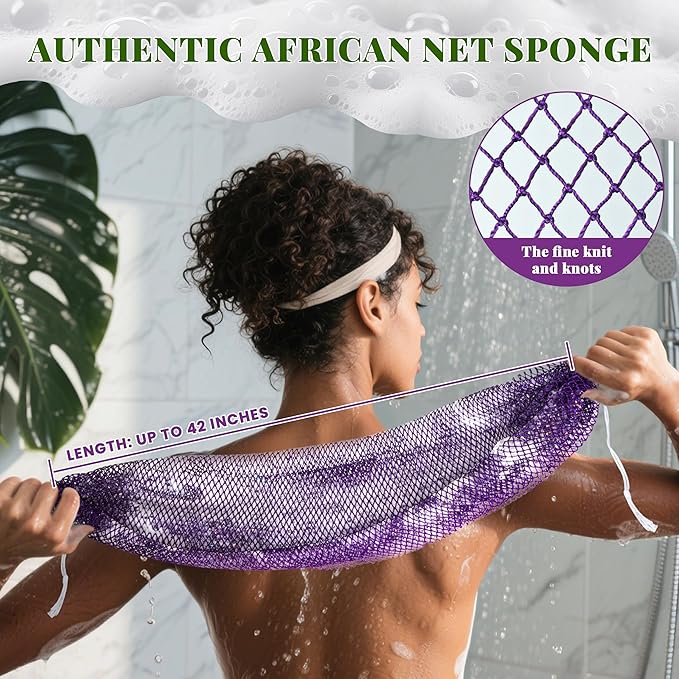African Net Sponge Authentic, 3 Pieces Exfoliating Scrubber Bath Sponge for All Skin Types, Back Scrubber Loofah Washcloth for Shower, Gentle Exfoliation (Rose Red,Purple,Green)