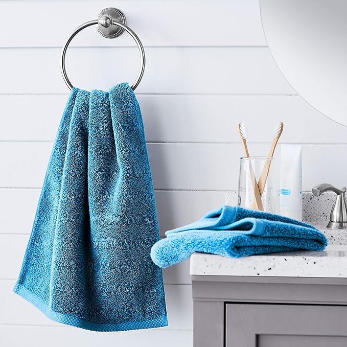 Amazon Basics 8-Pack Lightweight Quick-Dry Hand Towels, 100% Cotton, 28" x 16", Lake Blue