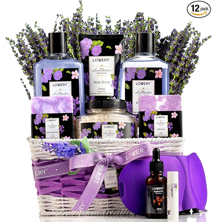 Mothers Day Gifts for Mom, Lavender & Lilac Spa Gift Basket For Women & Men, Handmade Soap, Potpourri, Bath Bomb, Jojoba Oil, Organic Lip Balm & More - Stress Relief Set, Bath & Body Self Care Package