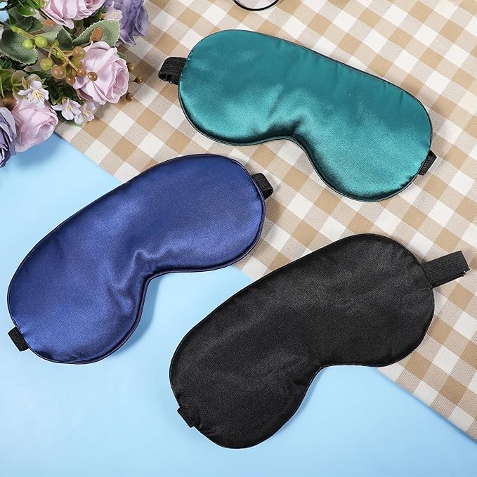 3 Pcs Sleep Mask, Silk Blackout Eye Mask Cover with Adjustable Strap, Satin Night Blindfold Eyeshade Nap for Men and Women Travel Sleeping (Black, Blue, Green)