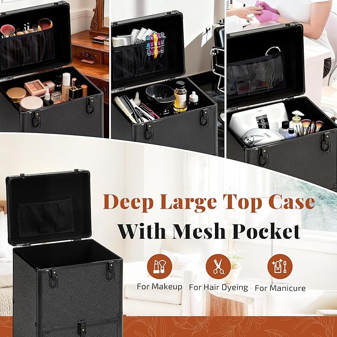 Rolling Makeup Train Case with 3 Drawers, Nail Trolley Cart Salon Station Cosmetology Case on Wheels Organizer Cases for Nail Tech,SPA,Face Painting,Hairstylist,Makeup Artist (Black)