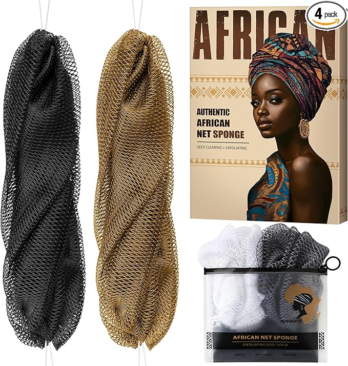 Authentic African Net Sponge with Knots - Afro Scrubber Bath Loofah Exfoliating Net Sponge for Shower - 4 Pack African Bath Sponges Exfoliator for Most Skin Types Back Scrub Washer Accessories