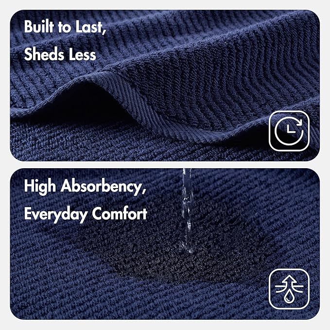 Madison Park 4-Piece Bath Towel Set for Bathroom 30" x 56" Large Diagonal Ribbed, Navy - 100% Cotton Soft Quick Dry & Absorbent Gift | Zero Twist, 500 GSM, Oeko-TEX, Hotel Quality