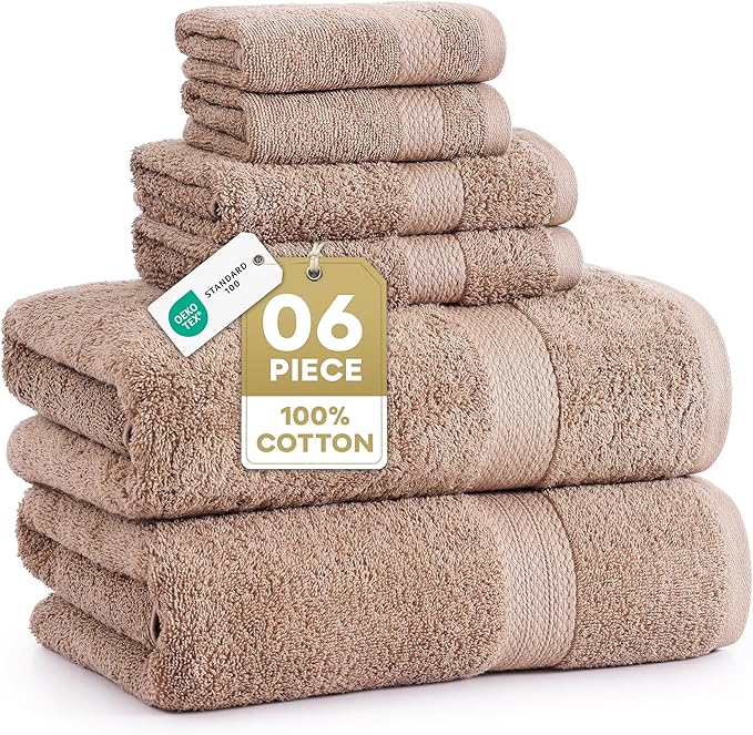 LANE LINEN 100% Cotton Towels Set - 6 Piece value pack - Soft, Absorbent & Durable - 2 Bath, 2 Washcloths, 2 Hand Towels for Bathroom - Ideal for Home, Spa & Gym - Quality You Can Trust - Taupe