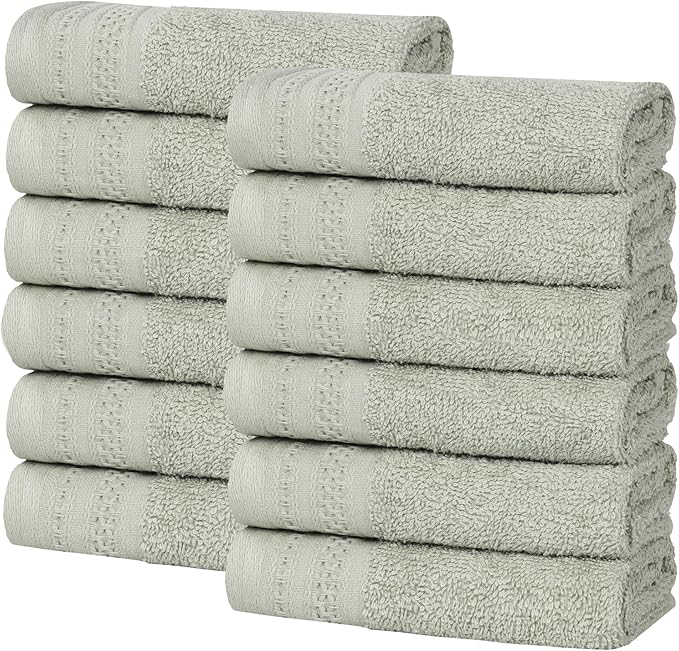 Superior Honeycomb Cotton Medium Weight Towels, for Guest Bath, Master Bathroom, Shower, Quick Dry, Adults, Home Essentials, Textured Waffle Border, Assorted Towel Set, 12 Piece Face Towel Set, Sage