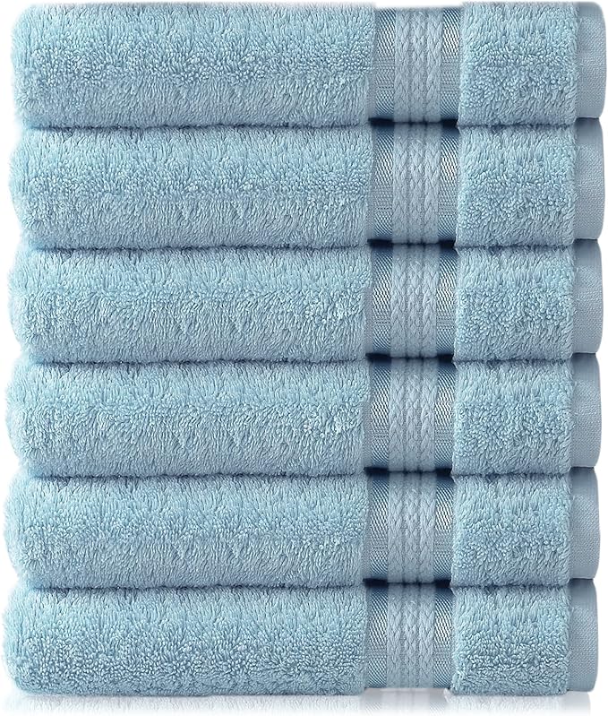 Cotton Craft - 6 Pack - Ultra Soft Extra Large Hand Towels 16x28 Light Blue - 100% Pure Ringspun Cotton - Luxurious Rayon trim - Ideal for Daily Use - Each Towel Weighs 6 Ounces