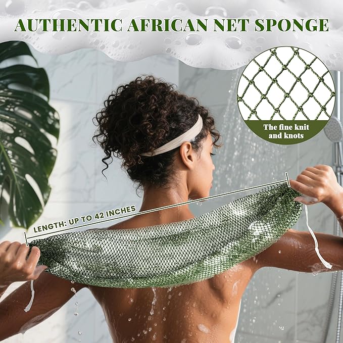 African Net Sponge Authentic, 3 Pieces Exfoliating Scrubber Bath Sponge for All Skin Types, Back Scrubber Loofah Washcloth for Shower, Gentle Exfoliation (Dark Green,Light Green,Rose Red)