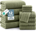 Casa Platino 100% Luxury Bath Towel Pack of 12 - Softer, High Absorbency & Durable - 4 Bath, 4 Wash Cloth, 4 Hand Towels for Bathroom - Premium Look, Spa Quality, Solid Dyed Towels - Oil Green